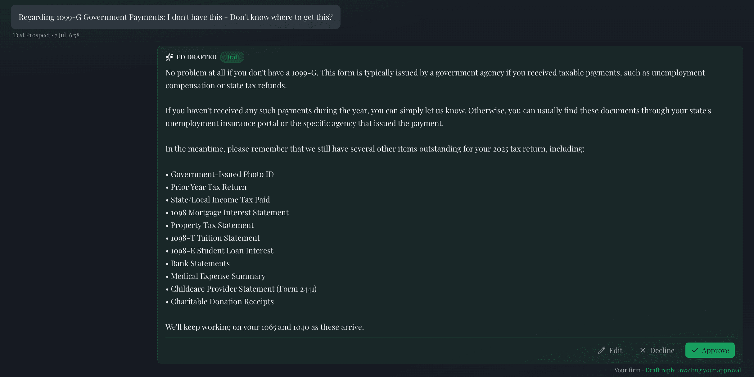 A drafted reply inside Maxed, waiting on approval from the firm, with Edit, Decline, and Approve controls